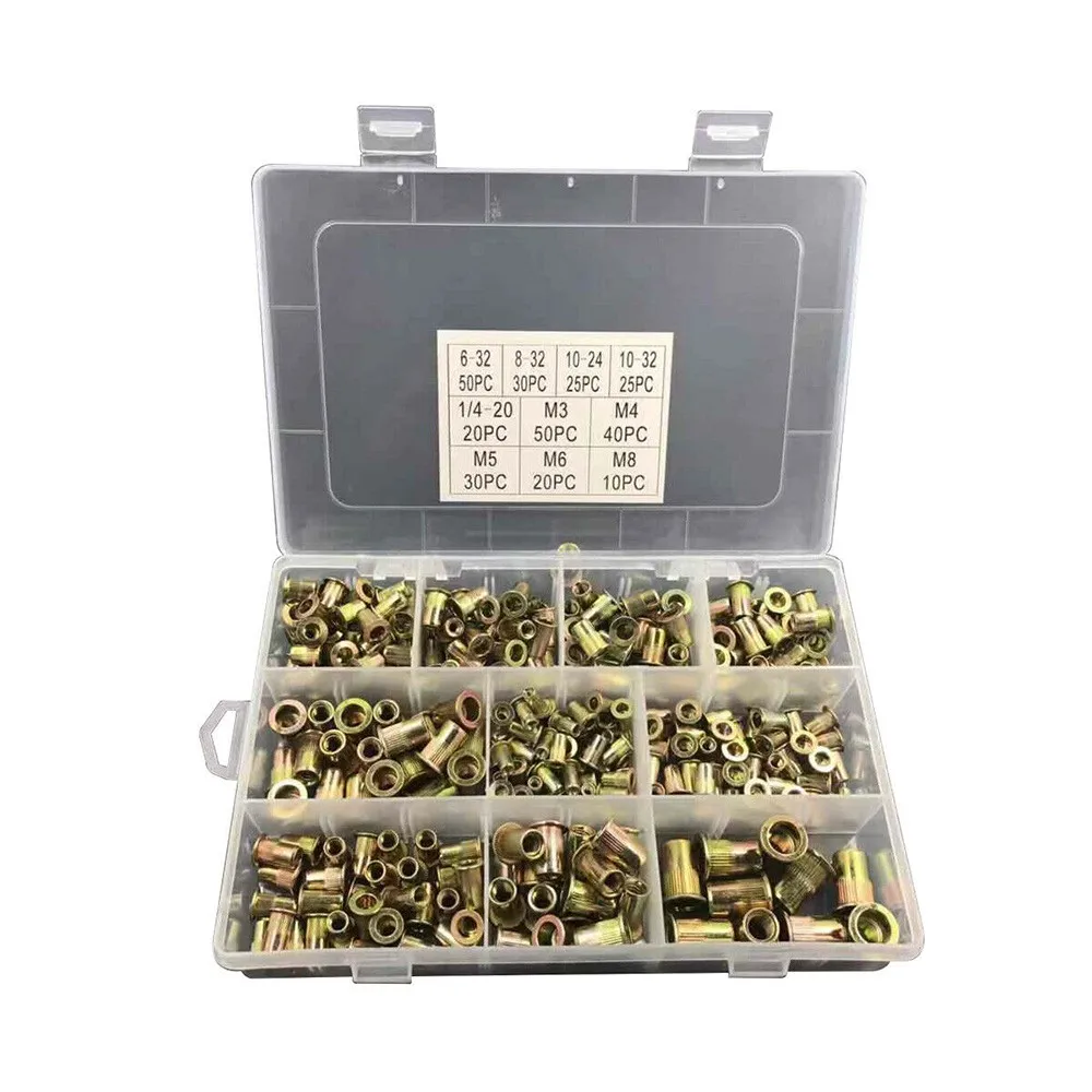 

300 Pcs Zinc Steel Rivet Nut Kit Nutsert Assort 150pcs Metric+150pcs SAE Set For Repair Tools Accessories