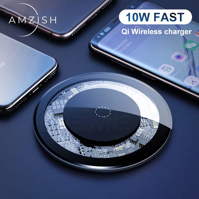Amzish 10 Вт Быстрое беспроводное зарядное устройство QI для iPhone 8 Plus X XR XS Max видимая