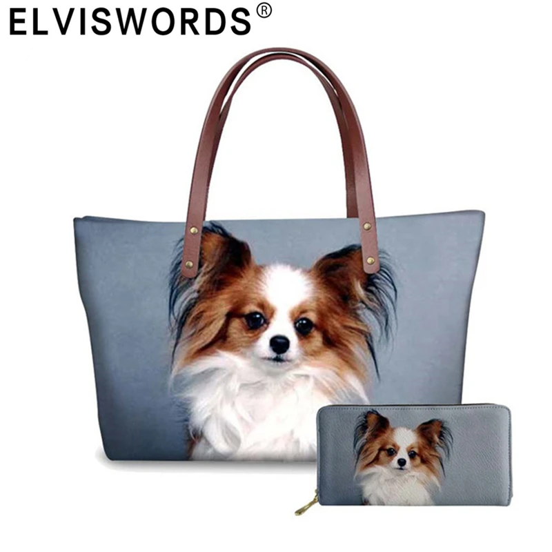 Papillon Cute Dog Printing Shoulder Bag 2pcs/set Women Bag Female Top-handle Handbags and Leather Purse Causal Totes Bolsa Mujer