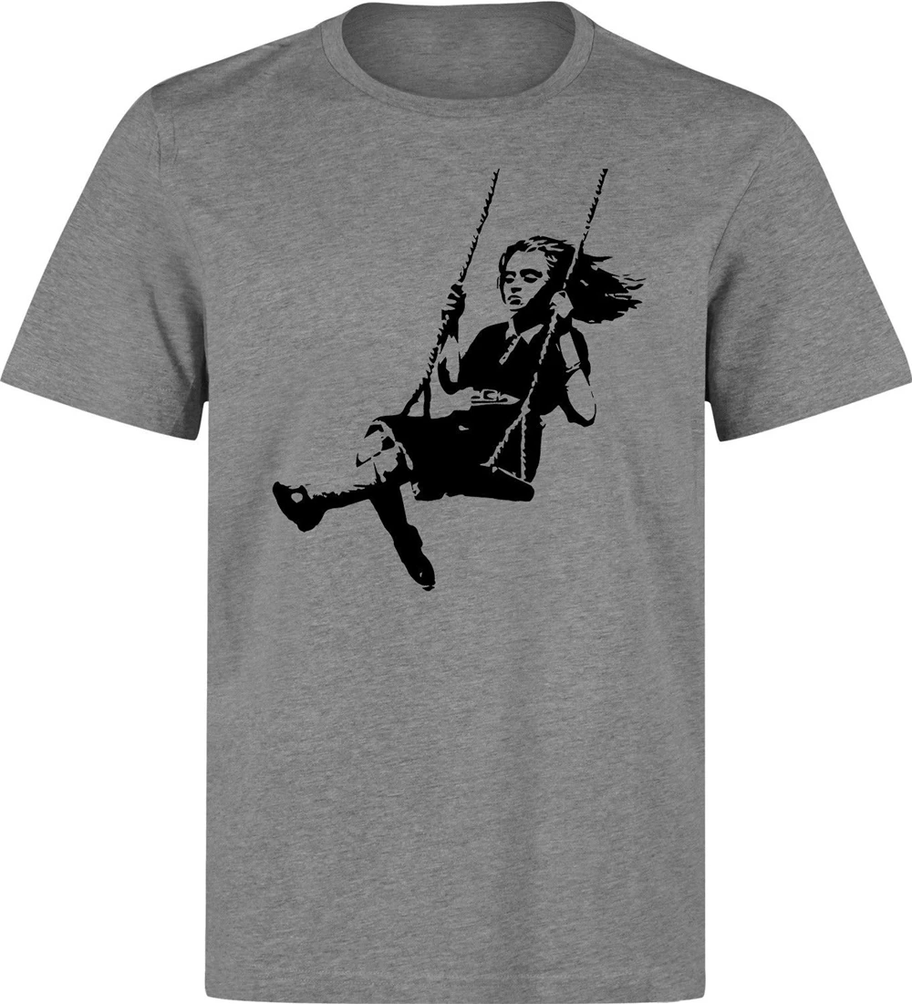 Бэнкси стрит арт девочка на swings Tag Men'S (Woman'S Available) серая футболка топ модная