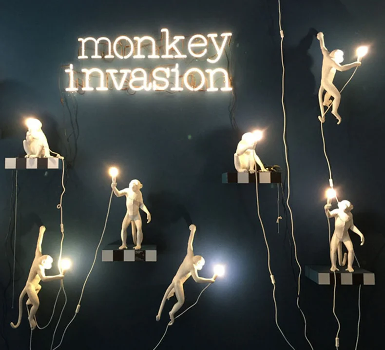 

Resin Gold Black White Monkey Lamp Animal Lighting Loft Hemp Rope Pendant Lamp Luminaires Bar Cafe Includes E27 Light Fixture