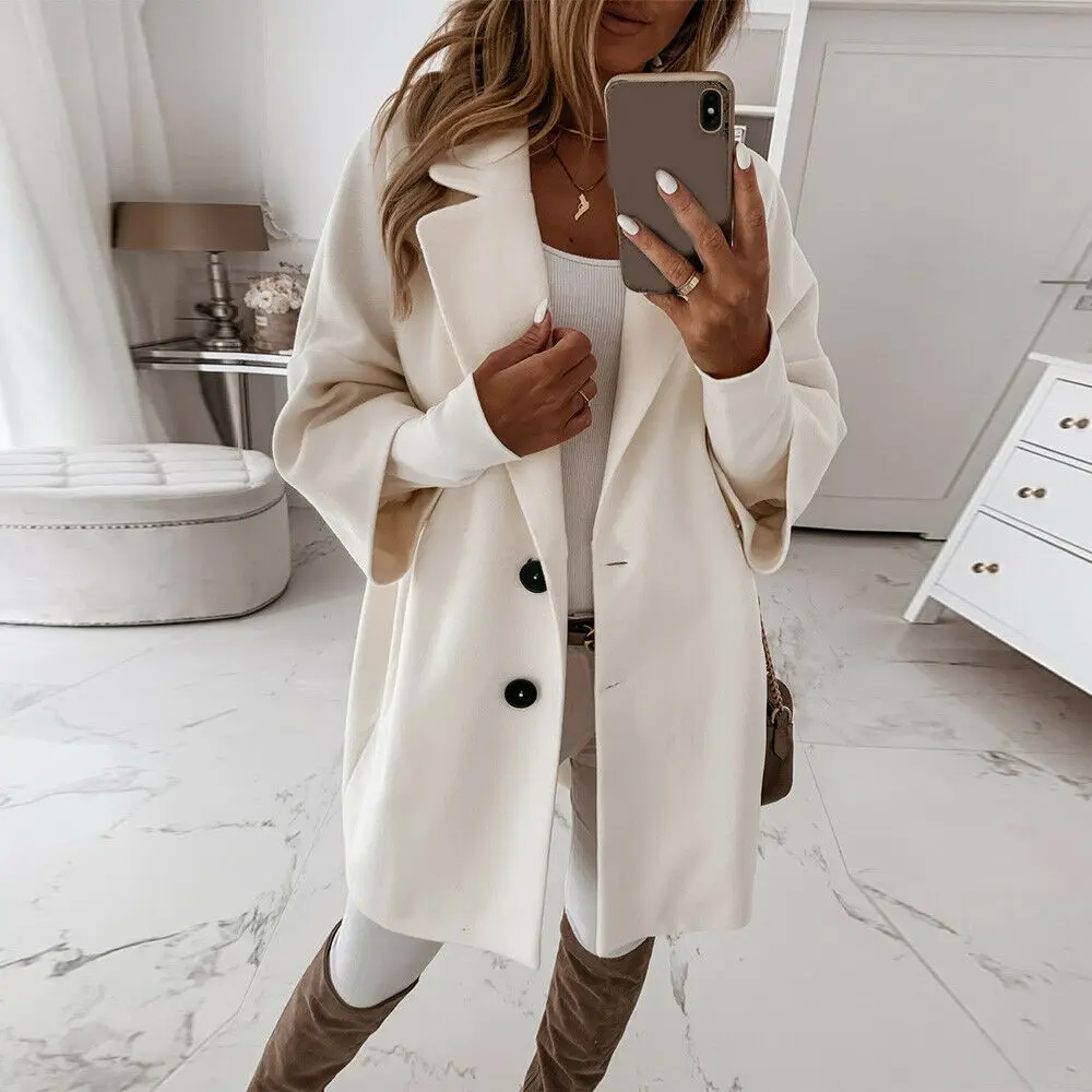 2020 Winter Large Size Women Woolen Coat Solid Color Turn Down Collasr Wool Jackets Loose Female Oversize Coats | Женская одежда
