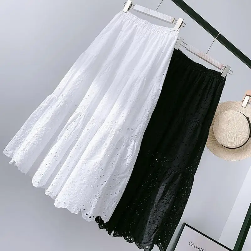 

2021Summer New Korean Women Hollow Embroidery Casual Skirt Solid Color White Black Literary Temperament Pettiskirt Free Shipping