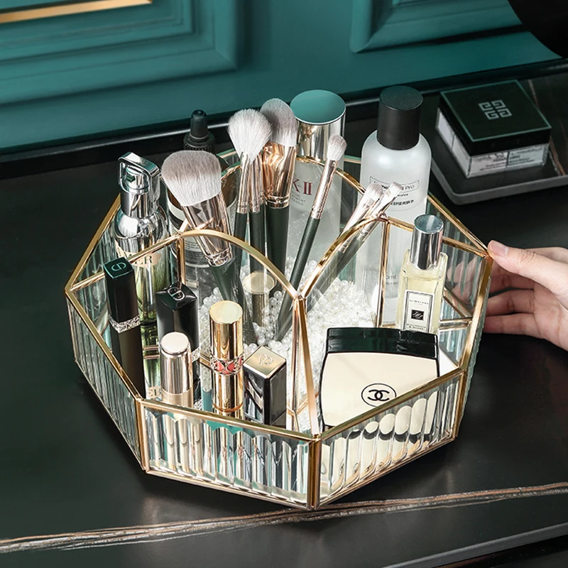

Nordic Metallic Glass Spin Cosmetic Storage Box Jewelry Makeup Organizer Dressing Table Brush Skin Care Products Shelf