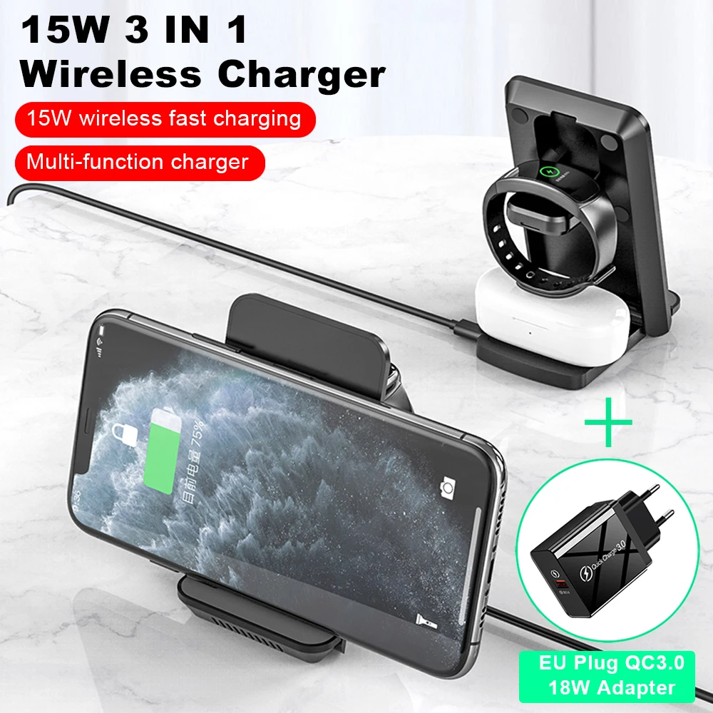 IKOLE 15W Qi Fast Wireless Charger Stand For iPhone 12 Pro 11 X 8 Apple Watch Airpods Pro iWatch Samsung 3 in 1 Charging Station