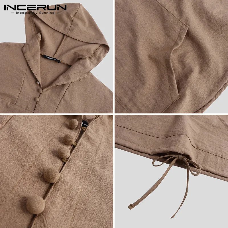 

INCERUN Vintage Cotton Men Sweatshirts Hooded Solid Casual Long Sleeve Pockets Streetwear Hoodies Button Mens Pullovers 2020 3XL