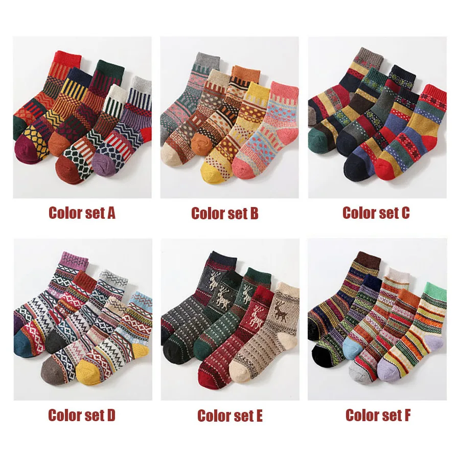 5 Pairs Winter Warm Women's Thicken Socks Thermal Wool Cashmere Snow Socks Girl Colorful National Cotton Socks Casual Harajuku