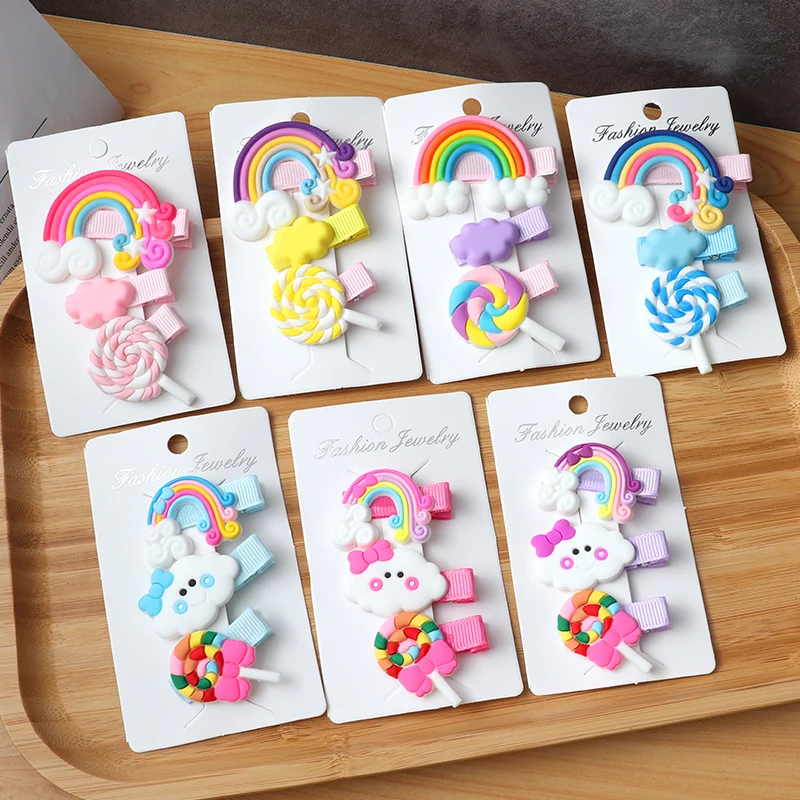 

3pcs/Set Hair Clips New Girls Cute Rainbow Clouds lollipop Hairpins Children Sweet Barrette Hair Ornament Cute Hair Accessories