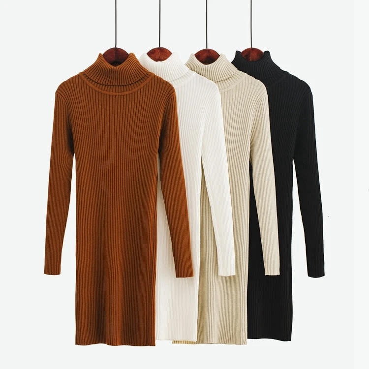 Женское трикотажное платье-свитер TingYiLi бежевое черное Белое Облегающее