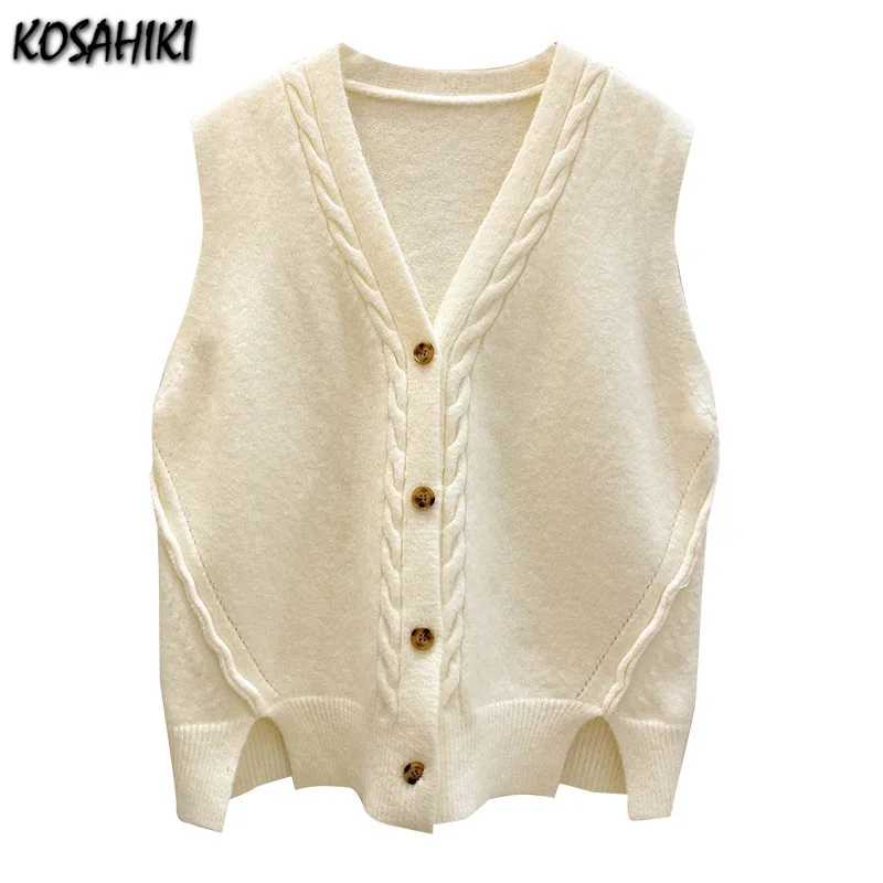 

KOSAHIKI Loose Solid V Neck Knit Vest Women 2021 Spring Autumn Chic Elegant Lady Pullover Sweater Vest Women Sleeveless Jacket