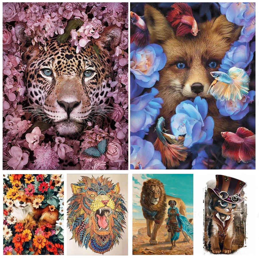 

Flower Animals Diy 5D Diamond Painting Leopard Lion Full Square and Round Embroidery Mosaic Wall Art Cross Handmade Home Decor