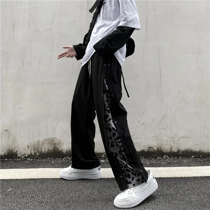 

Korean streetwear retro button leopard print stitching loose casual autumn and winter new straight wide-leg trousers