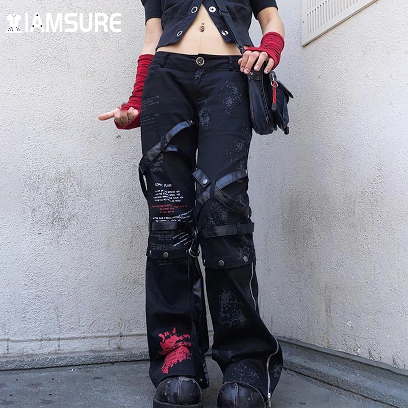 

IAMSURE Gothic Loose Character Printed Wide Leg Pants 2021 Dark Low Waisted Women'S Trousers Fashion Casual Streetwear Capris