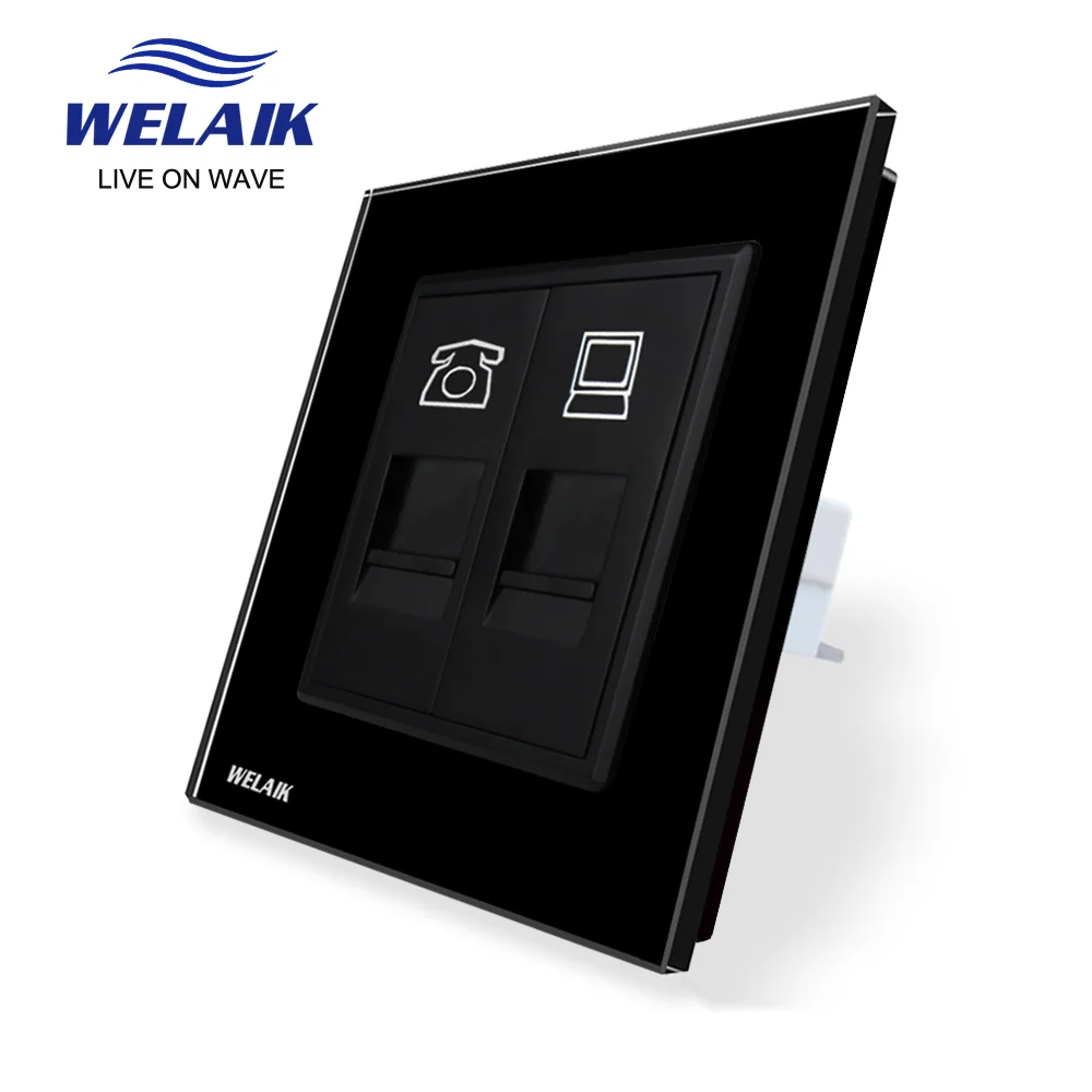 WELAIK EU 1Frame Crystal-Glass-Panel CAT6 RJ45 Telephone Computer Internet Wall Socket 80*80mm A18TPCOW | Обустройство дома
