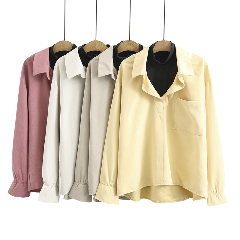 

Spring Pink Yellow Gray Fake 2PCS Blouses Women Casual Black Collar Patchwork Design Loose Cotton Top Long Sleeve Korean Style