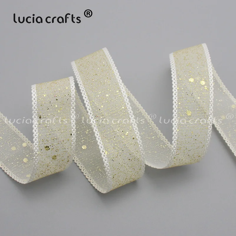 Lucia crafts 25 мм сетка с блестками отделка органза ленты для рождественской упаковки Свадебные DIY Швейные принадлежности аксессуары P0518 - Цвет: Gold