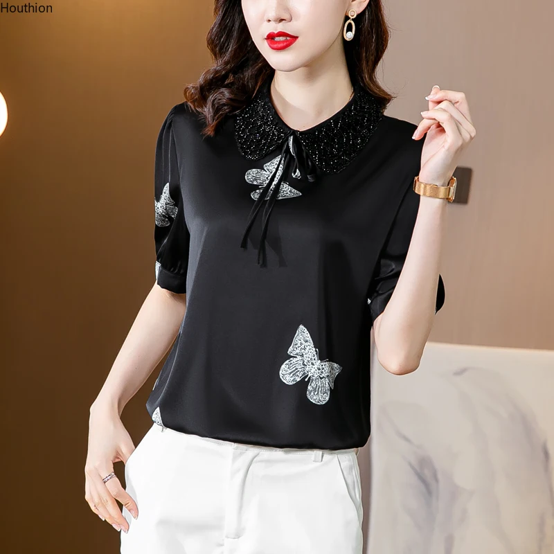 

Loose Chiffon Women's Blouses New Casual Blouse Fashion Short Sleeve Top Diamond Bow Tie Shirt Summer