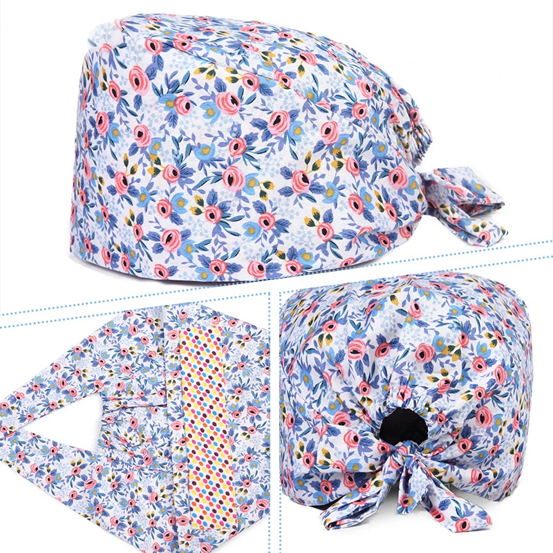 

Little Flower Doctor Cap Cotton Nurse Print Cap Multicolor Bandage Adjustable Beautician Scrub Cap Unisex Gourd Cap Turban