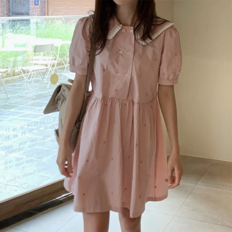 

Pioni Korean Ins Summer Younger Flower Embroidery Turn-down Doll Collar Double Breasted Small Size Dress Women