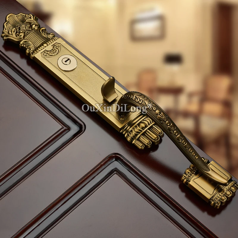 

1PCS Luxury Retro Wood Villa Interior Door Lock Gate Outdoor Double Open Door Handle Yellow Bronze Wooden Door Lock GF756
