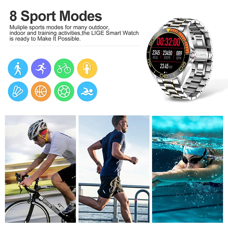 Смарт часы LIGE мужские водонепроницаемые с поддержкой Bluetooth пульсометром и
