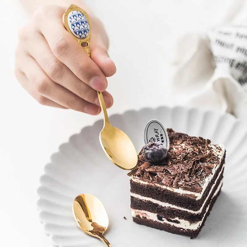 Креативная десертная ложка из нержавеющей стали круглая Золотая чайная для