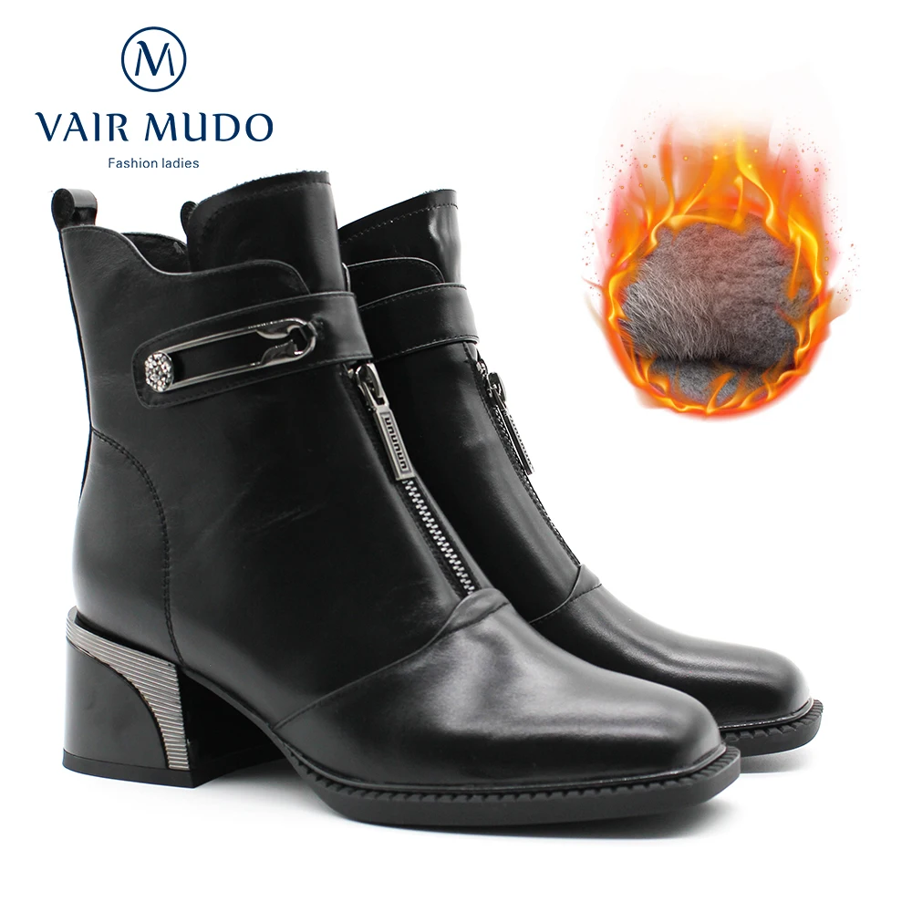 

VAIR MUDO Women Ankle Boots Autumn Winter Warm Wool And Short Plush Boots HIgh Heels Genuine Leather Footwear Elegant Style DX60