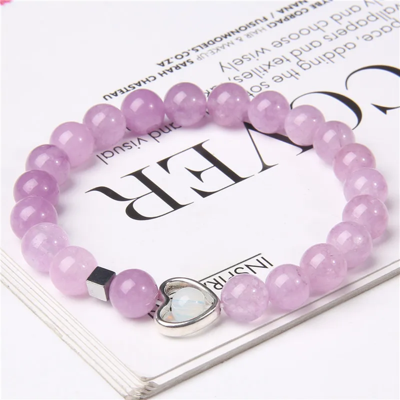 

Heart Shape Charm Bracelets Women Natural Reiki 8 MM Polished Purple Chalcedony Stone Beads Bangle Elastic Jewelry Men Pulsera