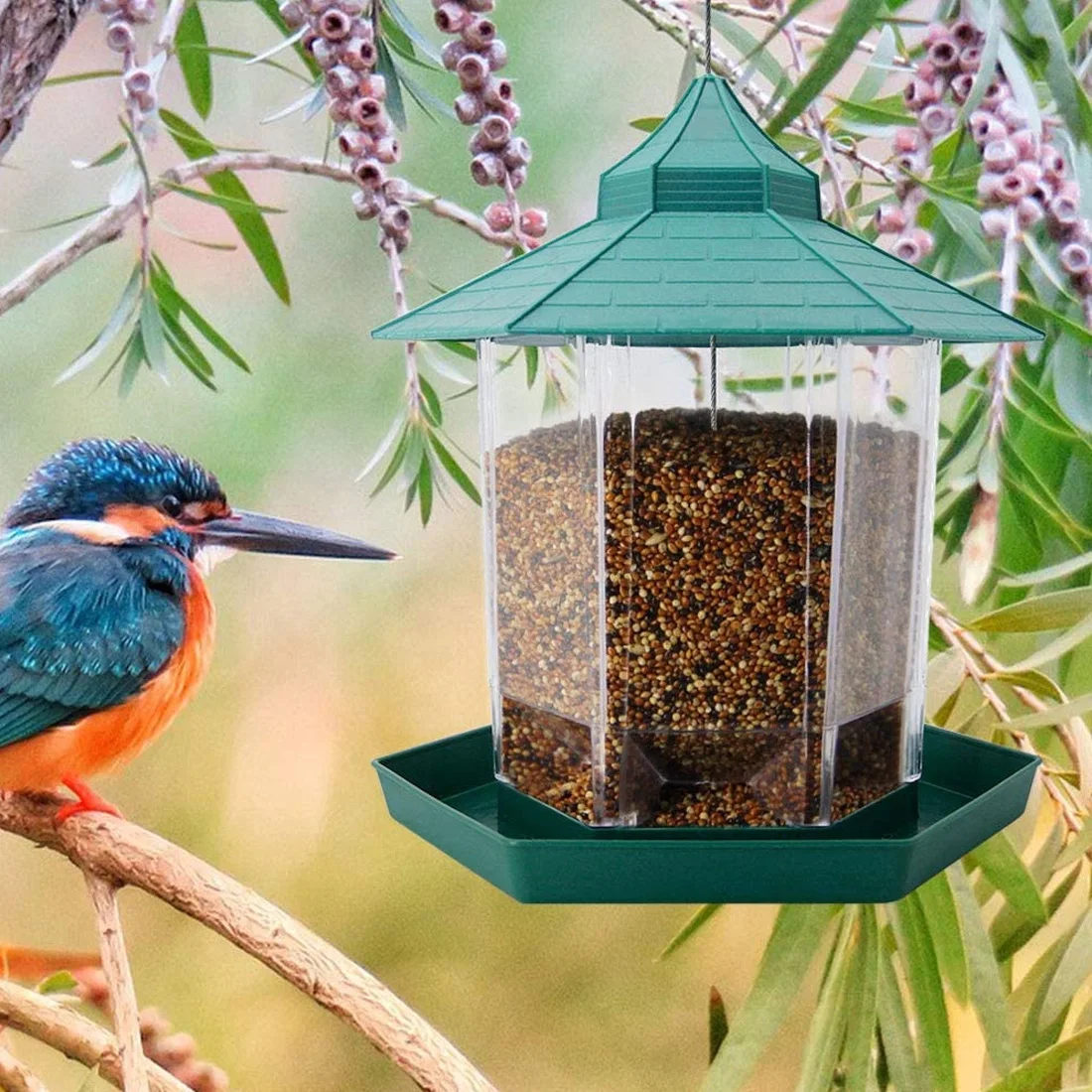 Зеленый подвесной кормушка для птиц Открытый водонепроницаемый пластиковый