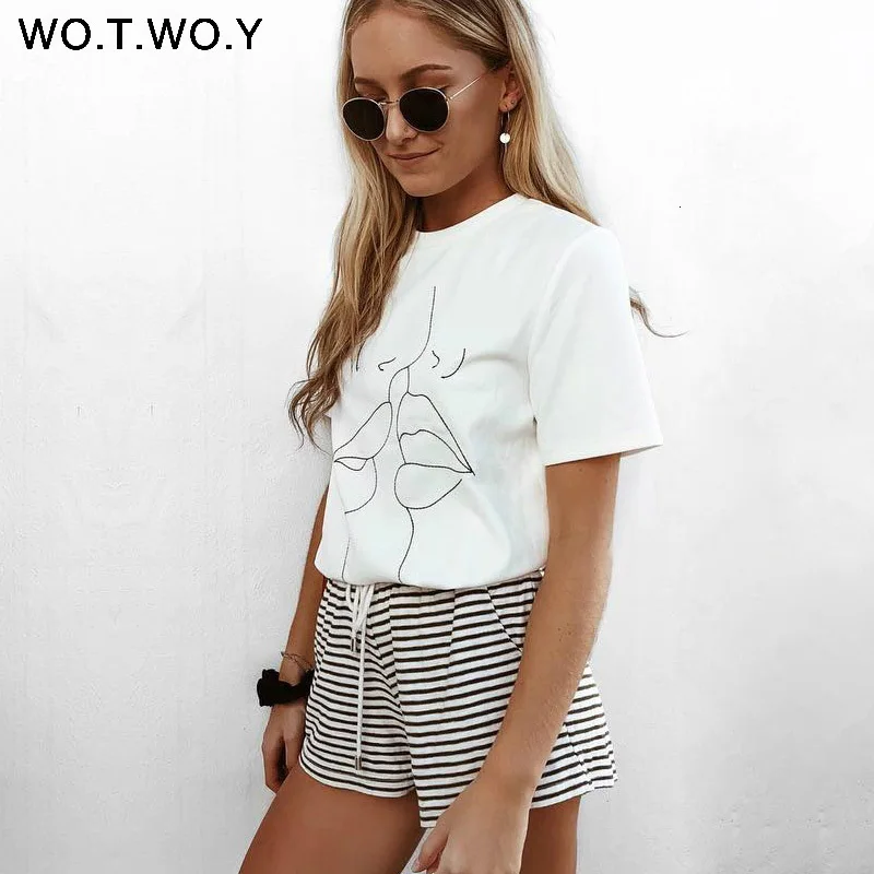 WOTWOY Tumblr Lips футболка женская летняя с круглым вырезом повседневные топы с принтом женская хлопковая с коротким рукавом забавная футболка Женская Harajuku