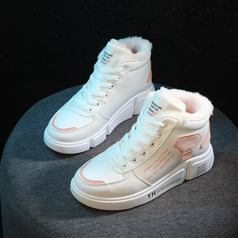 

New Winter Women Boots Fashion Lace-up High Top Woman Shoes PU Thick Warm Anti-slip and Wear-resistant High Heels Boots