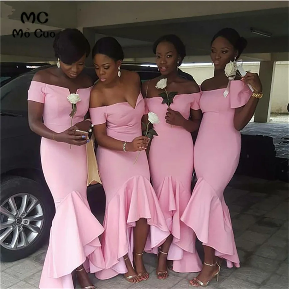 

New Hi Low Gown Bridesmaid Dress Short Sleeves African Wedding Party Dress Elastic Satin Women Bridesmaid Dresses