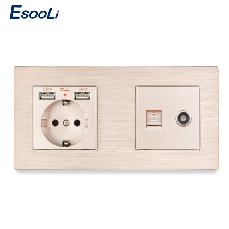 Разъем Esooli с алюминиевой металлической панелью европейского стандарта USB + 1