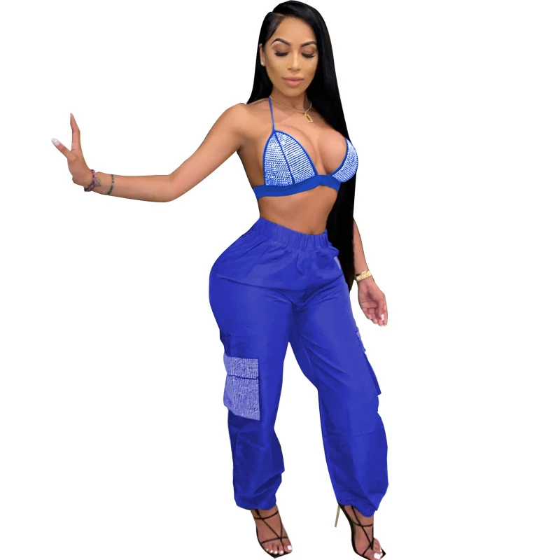 

Zoctuo Diamonds Sexy Two Piece Set Halter Women Set Bra Top Side Pockets Sweat Pants Set Fashion Suits Night Club Tracksuit
