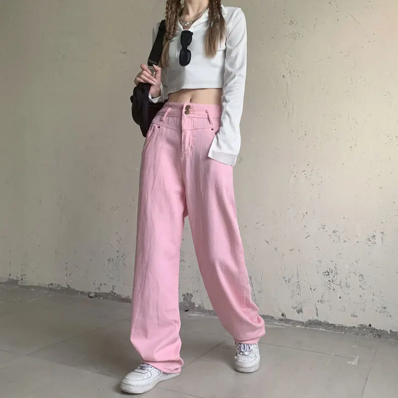 

Джинсы женские с завышенной талией, повседневные Прямые винтажные мешковатые розовые брюки из денима, модные брюки из денима с широкими штанинами для мам, уличная одежда на осень
