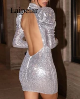 elegant puff sleeve evening party dress women hollow out bright shiny bodycon dress lady backless glitter sequin mini club dress