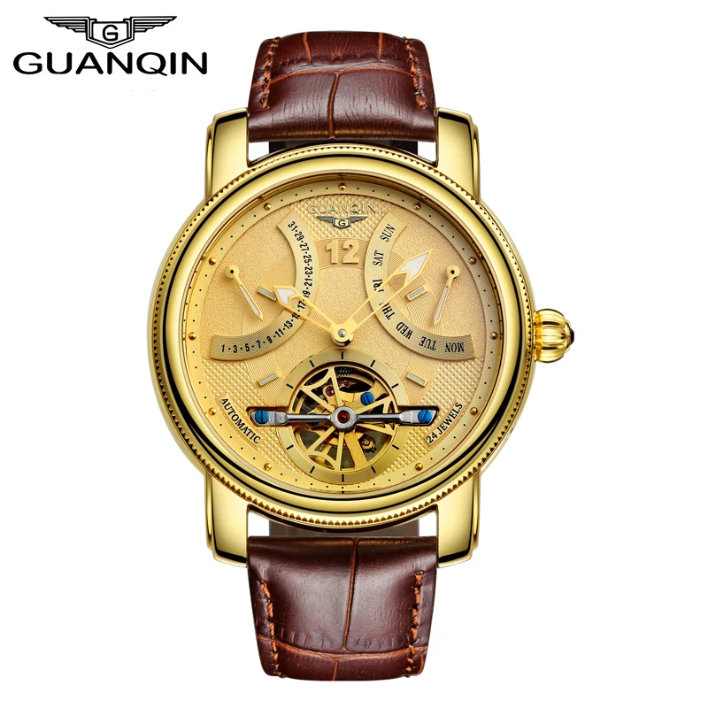 GUANQIN Tourbillon Mechanical Watch Men Automatic Sapphire glass Leather Strap Waterproof Classic Gold Wrist Watch Reloj Hombre