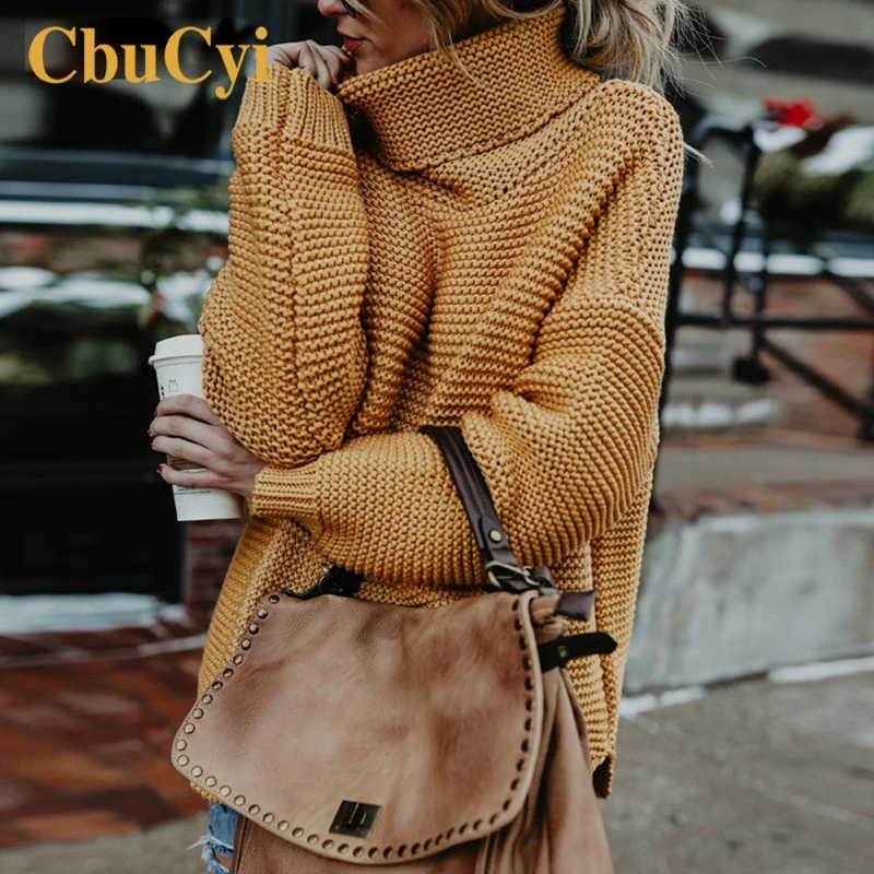 CbuCyi Winter Women Turtleneck Sweater Oversized Long Sleeve Knitted Pullovers Loose Casual Sweaters Jumper Tops | Женская одежда