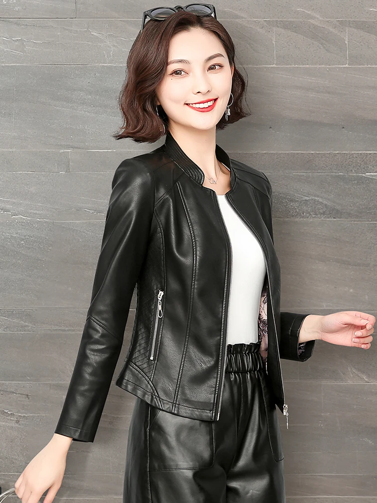 

Новинка весна-осень, стильная Корейская женская Свободная мотоциклетная кожаная куртка из овечьей кожи, трендовые женские модные повседне...