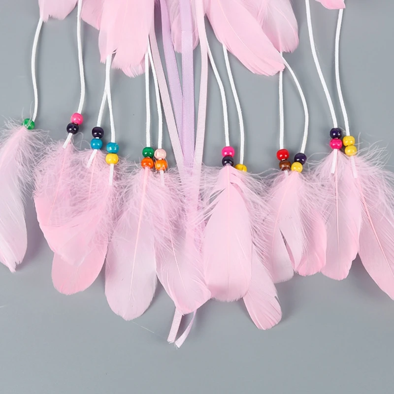 

72XE Indian Feather Headdress Boho Dangle Feathers Headband Lace Crown Headwear for Girls 1970s Native Americans Hair Jewelry