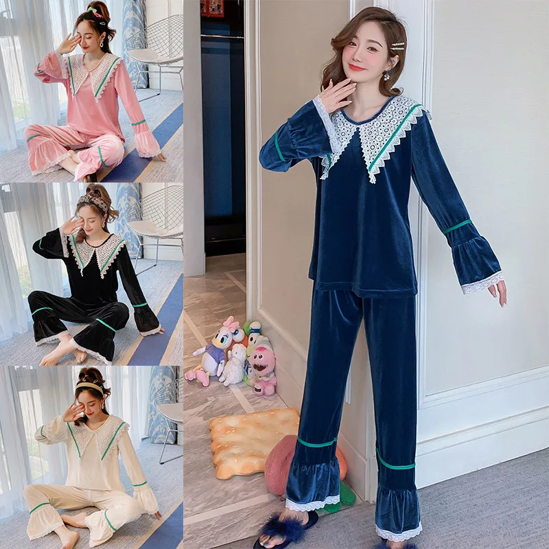 Sexy Pajamas Suit Ladies 2020 Latest Spring Autumn And Winter Gold Long-Sleeved Lace Coral Velvet Sweet Home Service | Женская одежда