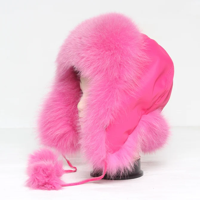 Русская женская зимняя шапка из натурального Лисьего меха, женская теплая шапка из натурального Лисьего меха и меха енота, шапки из натурального Лисьего меха, шапки-бомберы - Цвет: rose