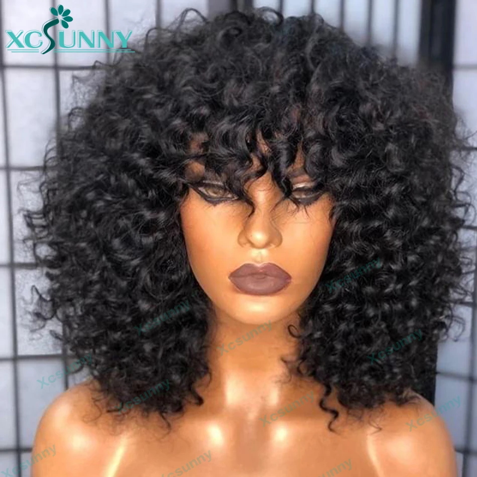 Human Hair Curly Bob Wig With Bangs 200 Density Glueless Full Machine Made Wig Loose Curly Wig Remy Brazilian For Women xcsunny