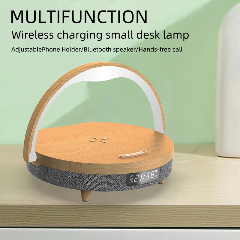 multifunctional bluetooth speaker mobile phone wireless charger desktop audio stand night light music desk lamp time alarm clock free global shipping