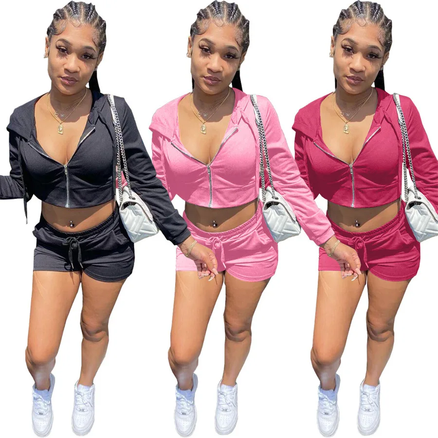 

Women Short Sets 2PCS Hooded Neck Long Sleeve Zipper Tops + Skinny Shorts Active Outfits