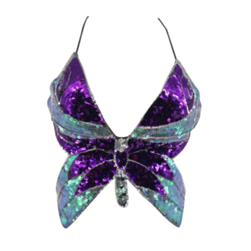 

Sequin Butterfly Crop Top Women Summer Tops Vintage Womens Lace Up Tank Top t Shirt Backless Bandage Short Woman Clothes