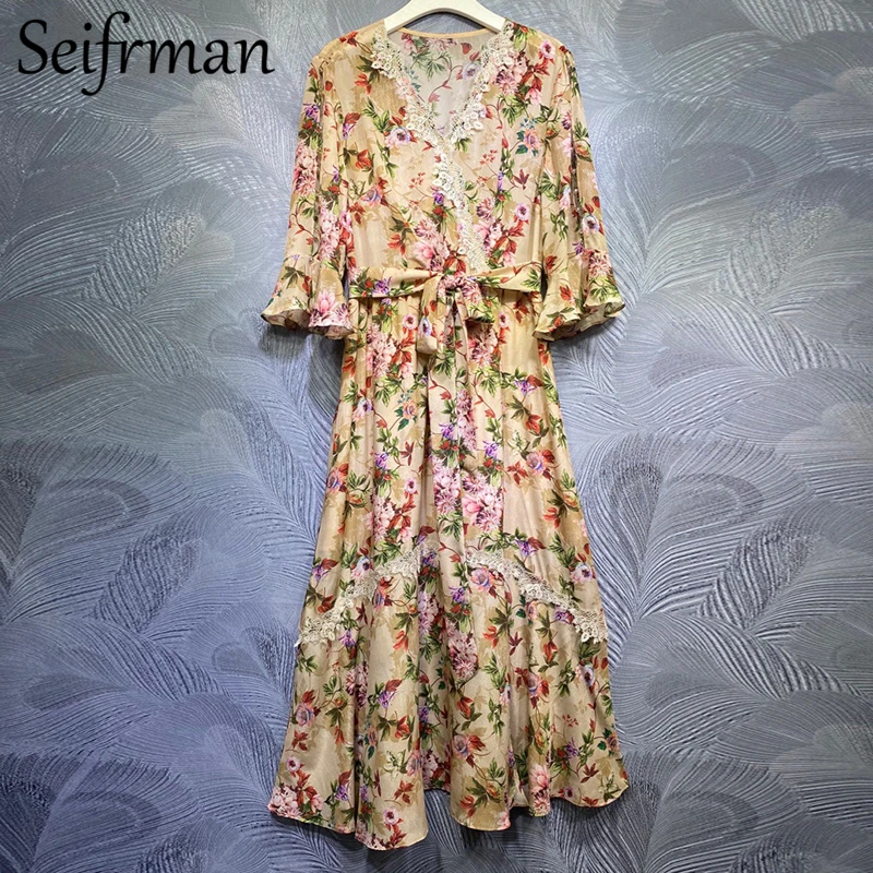 

Seifrmann 2021 новые летние женские модные взлетно-посадочной полосы вечерние длинное платье с расклешенными рукавами и кружевным бантом Пояса Ц...