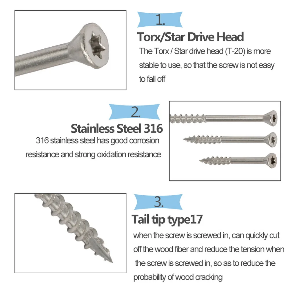 250Pcs # 8 × 2-1 / 6 Torx Slot Star Drive Тип 17 Винты для деревянной палубы из нержавеющей стали |
