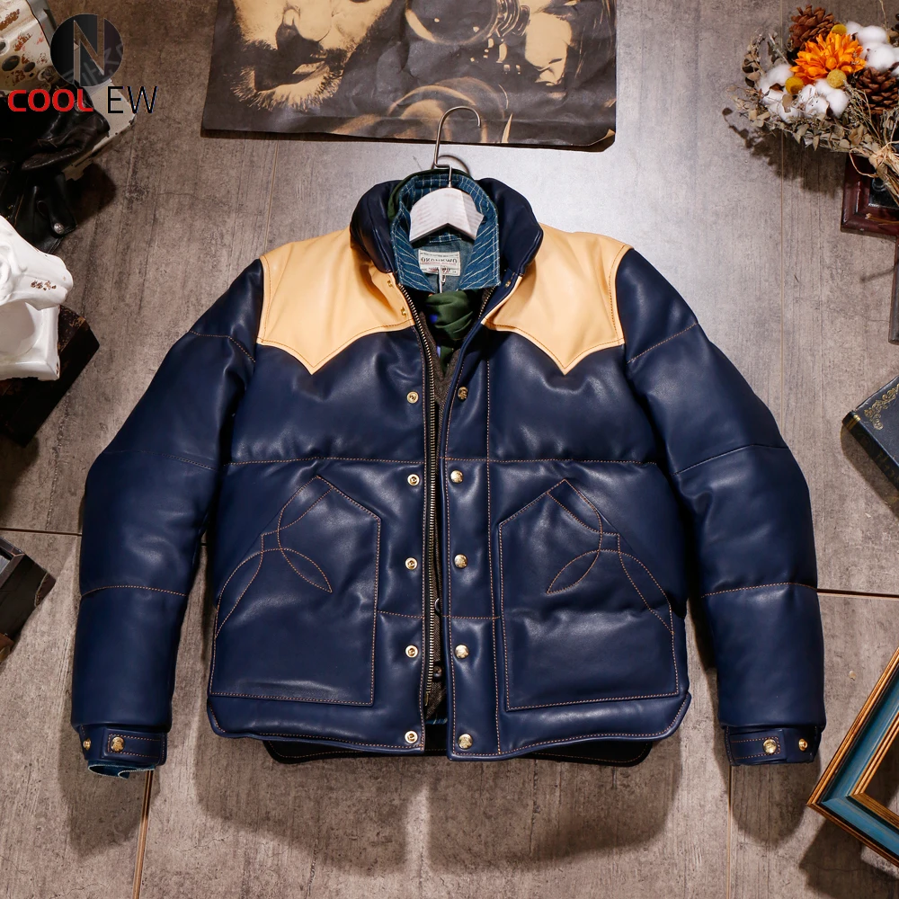 

CDJ-100 European Size High Quality Super Warm Genuine Italian Cow Skin Leather Coat Mens Big Casual Cowhide Down Jacket