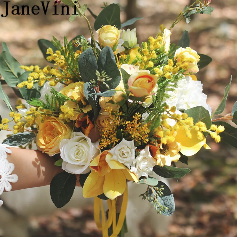 JaneVini Vintage Yellow Wedding Bouquet Holder Flowers Bridal Bouquets Artificial Silk Roses for Bridesmaid Accessories | Свадьбы и
